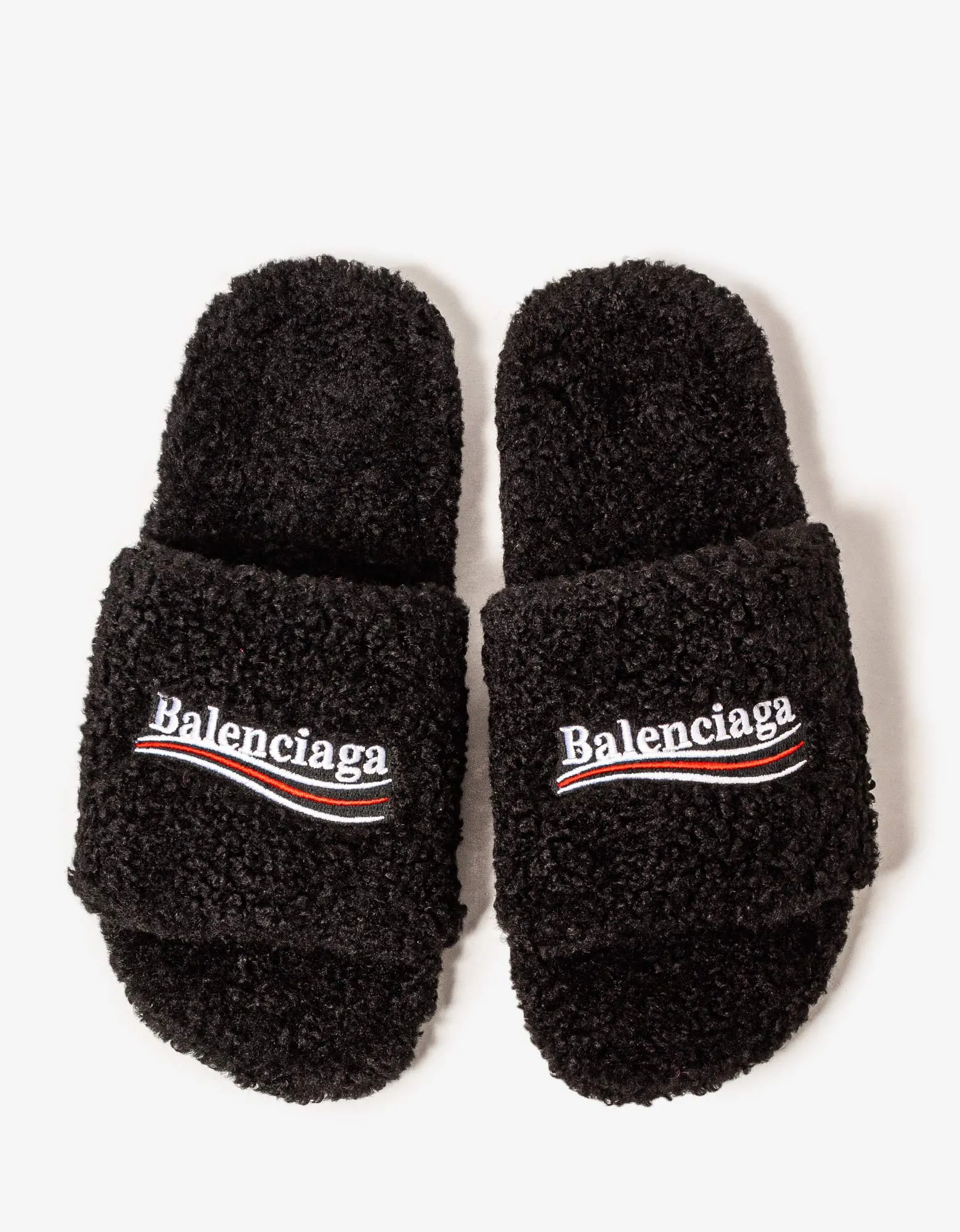 Balenciaga Black Political Logo Furry Slide Sandals