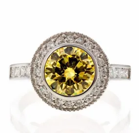 Bezel Set Canary Cubic Zirconia Halo Engagement Ring In Sterling Silver