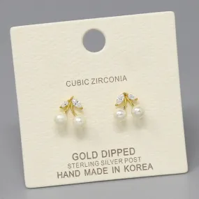 Cherry CZ & Pearl Gold Dipped Stud Earrings