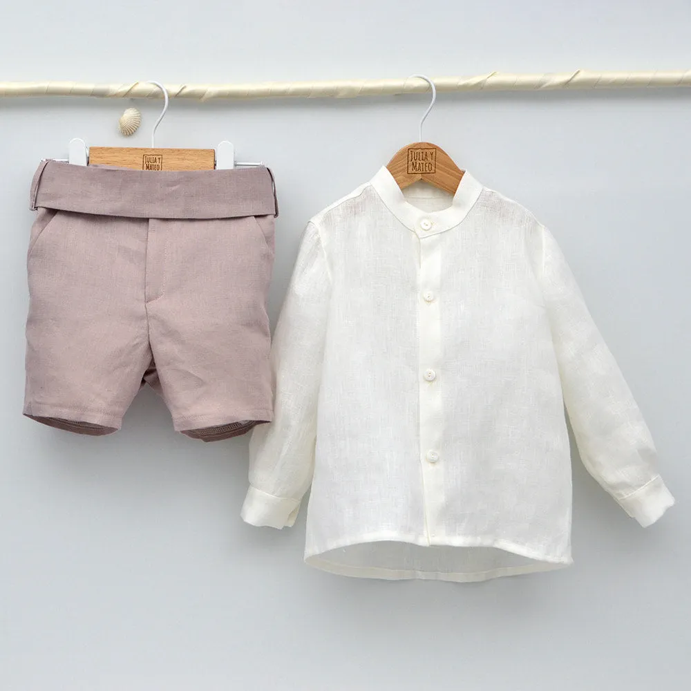 Conjunto lino Isabel con camisa cuello Mao, pajarita, tirantes y pantalón con Fajín