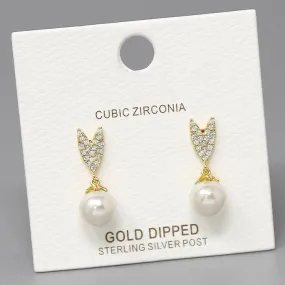 CZ Pave Chevron With Pearl Mini Dangle Earrings