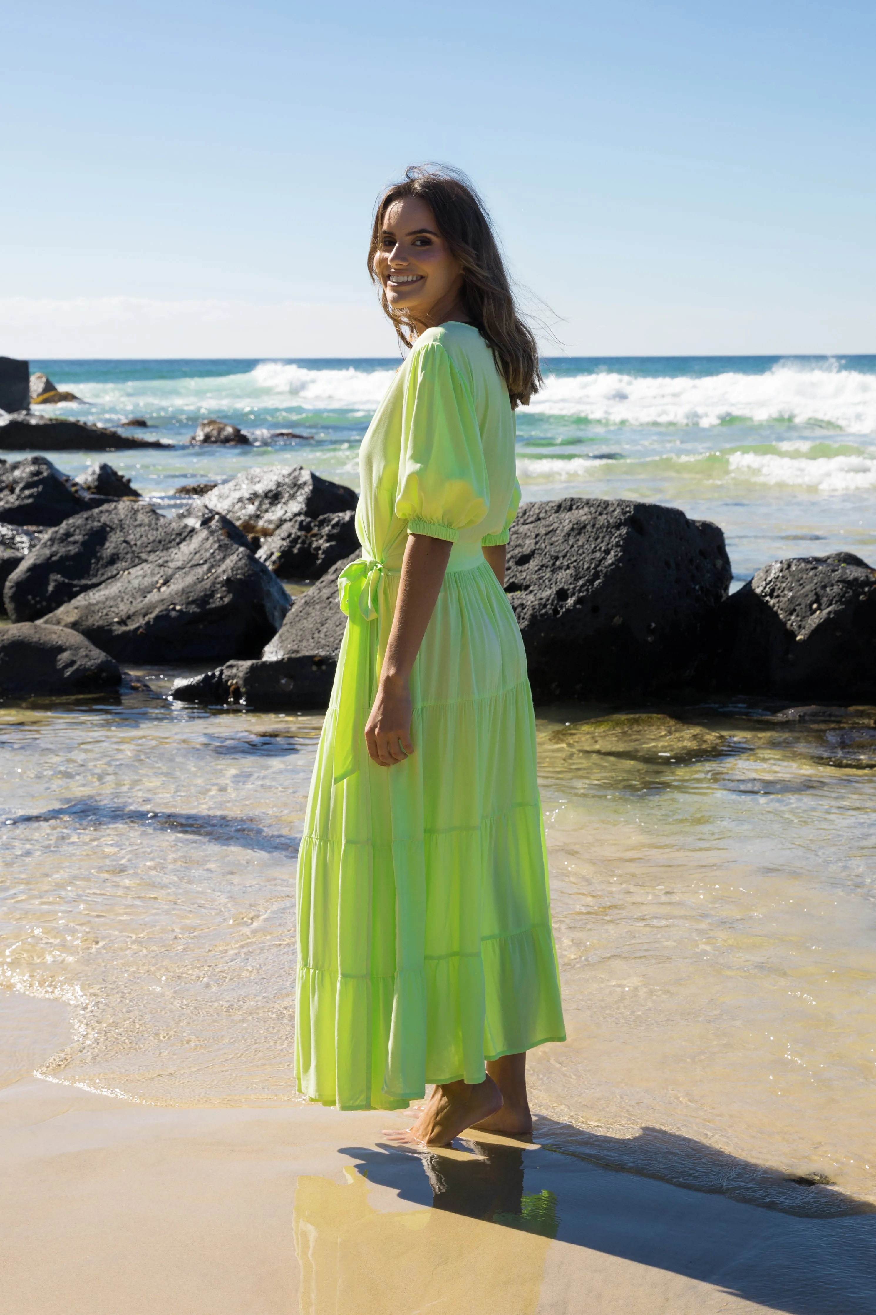 FINAL SALE Ruffle Wrap Dress in Lime