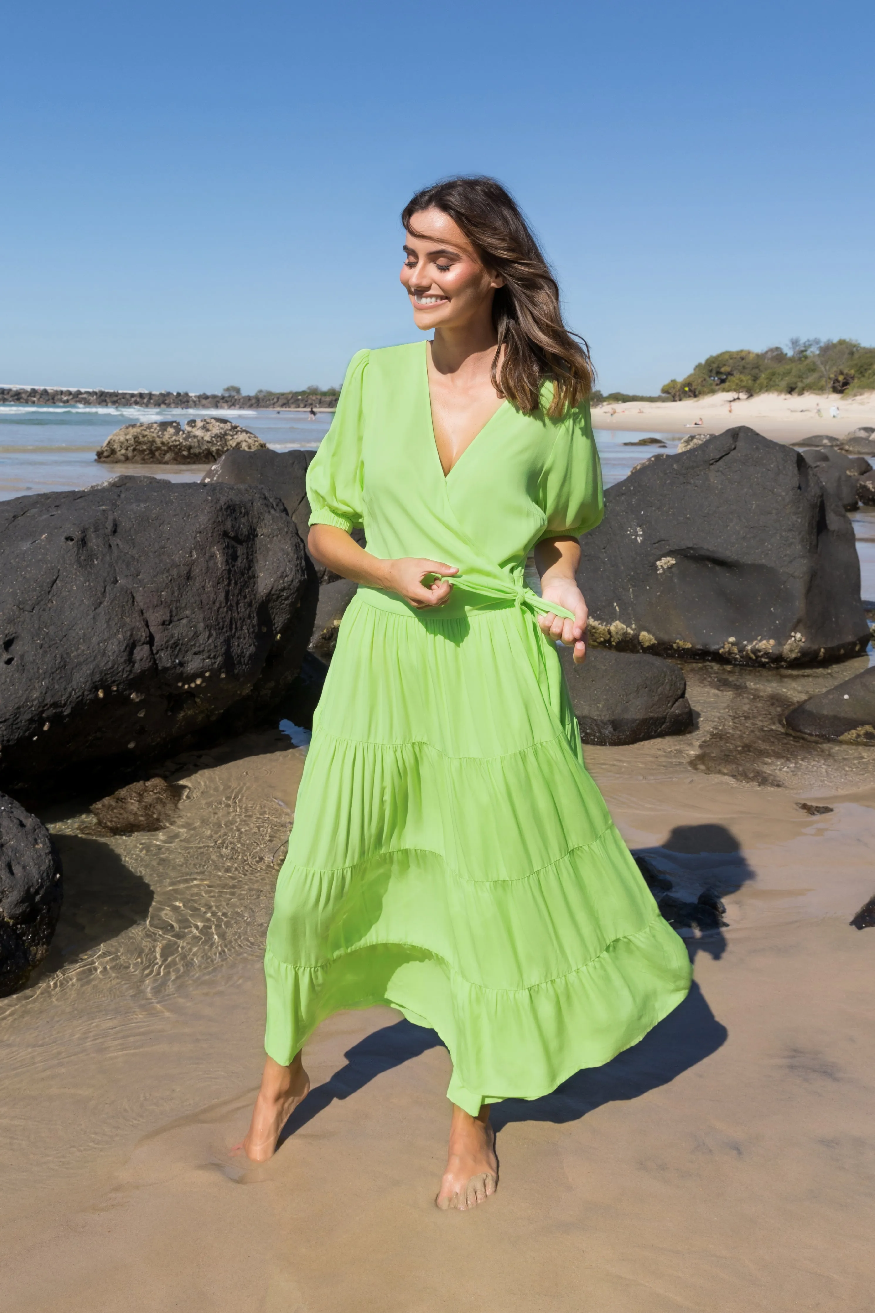 FINAL SALE Ruffle Wrap Dress in Lime