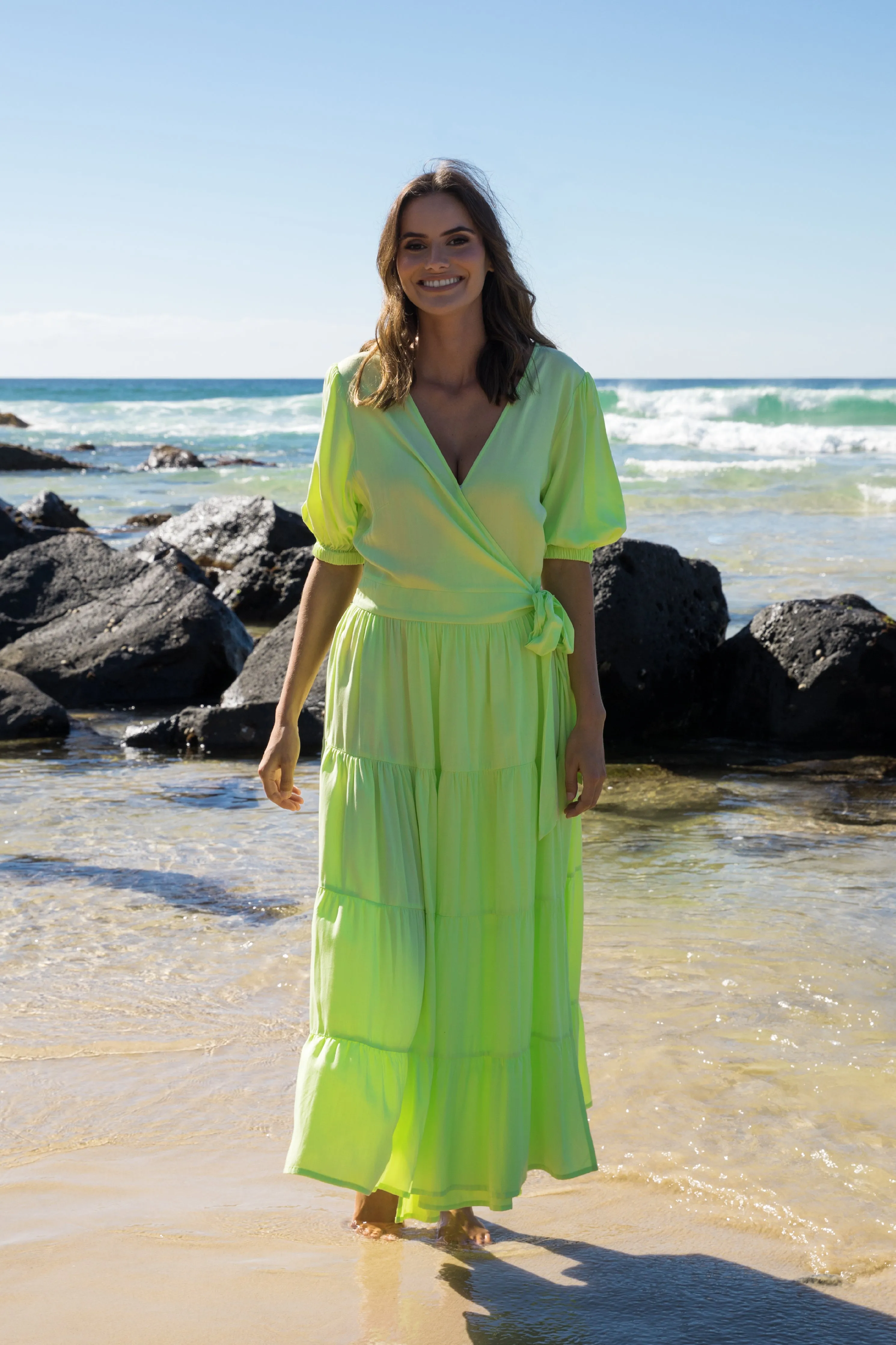 FINAL SALE Ruffle Wrap Dress in Lime