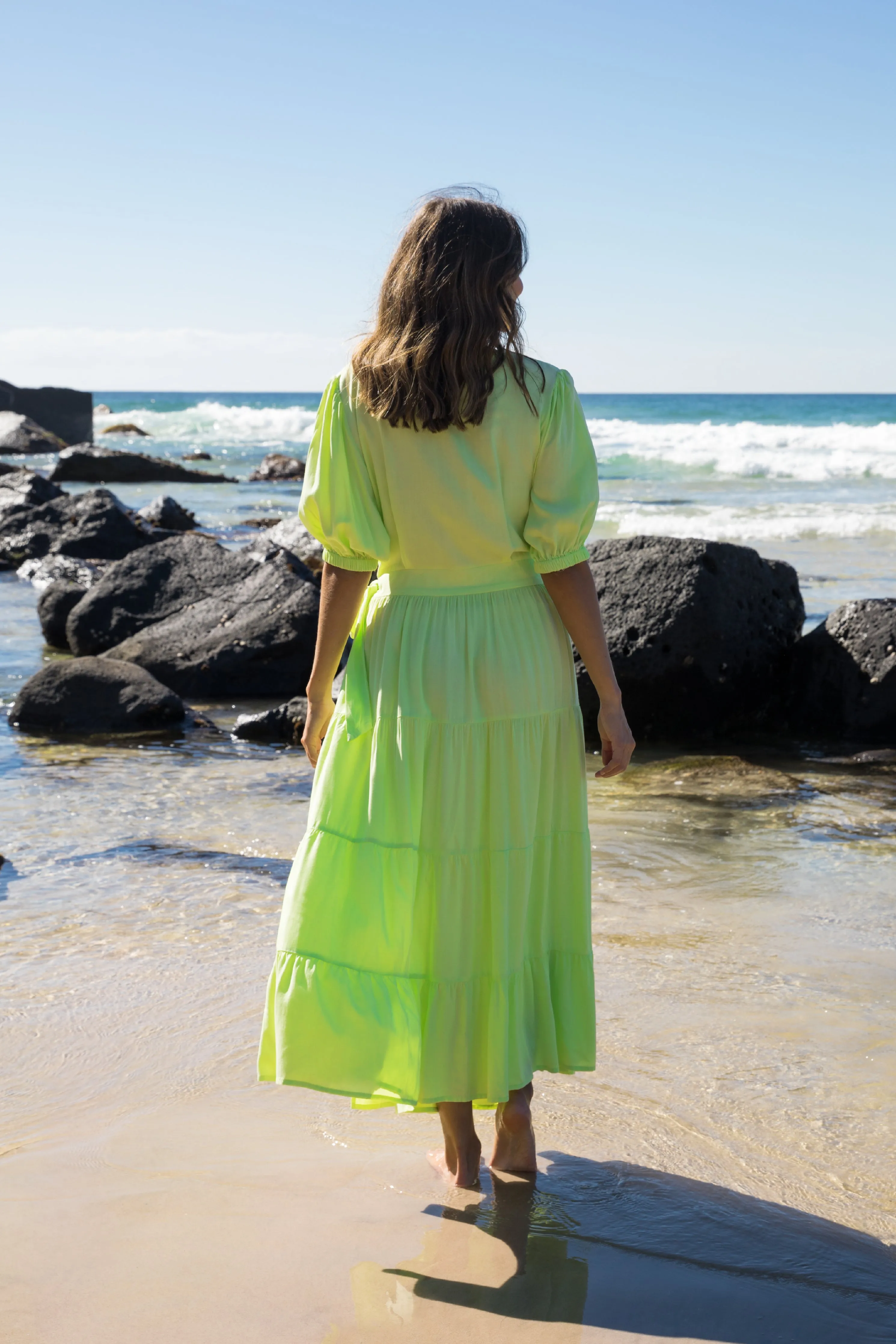 FINAL SALE Ruffle Wrap Dress in Lime