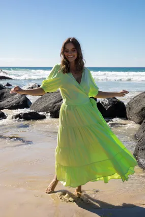 FINAL SALE Ruffle Wrap Dress in Lime