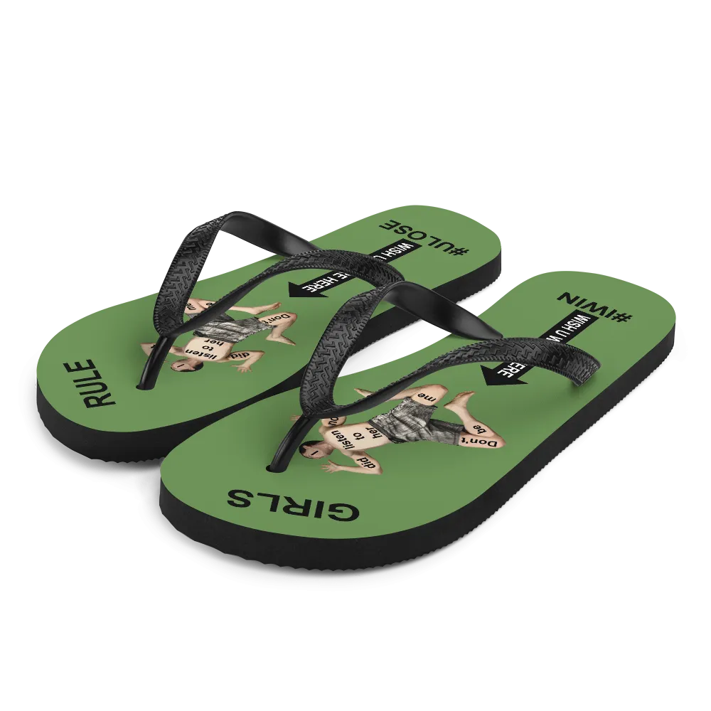 GIRLS RULE flip flops with CRUSHED TINY MAN underfoot moss green fabric NEW (2020-05-10)