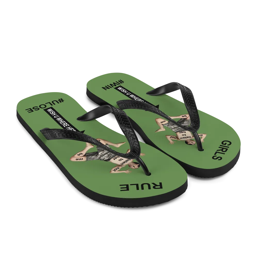 GIRLS RULE flip flops with CRUSHED TINY MAN underfoot moss green fabric NEW (2020-05-10)