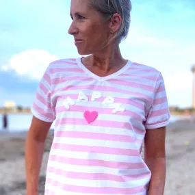 Herzlein® T-Shirt mit Flausch-Stick "HAPPY" gestreift in Rosa - Weiß