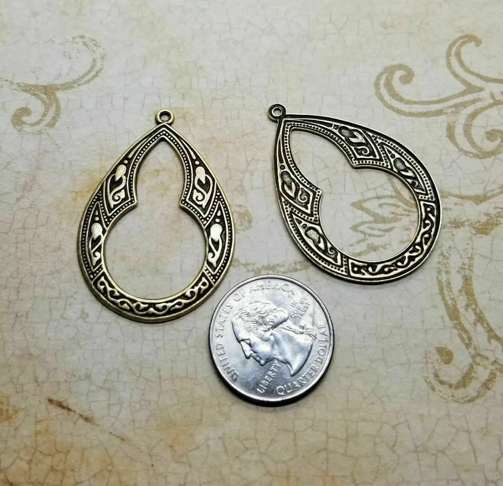 Large Brass Ornate Teardrop Charms x 2 - 5509S.