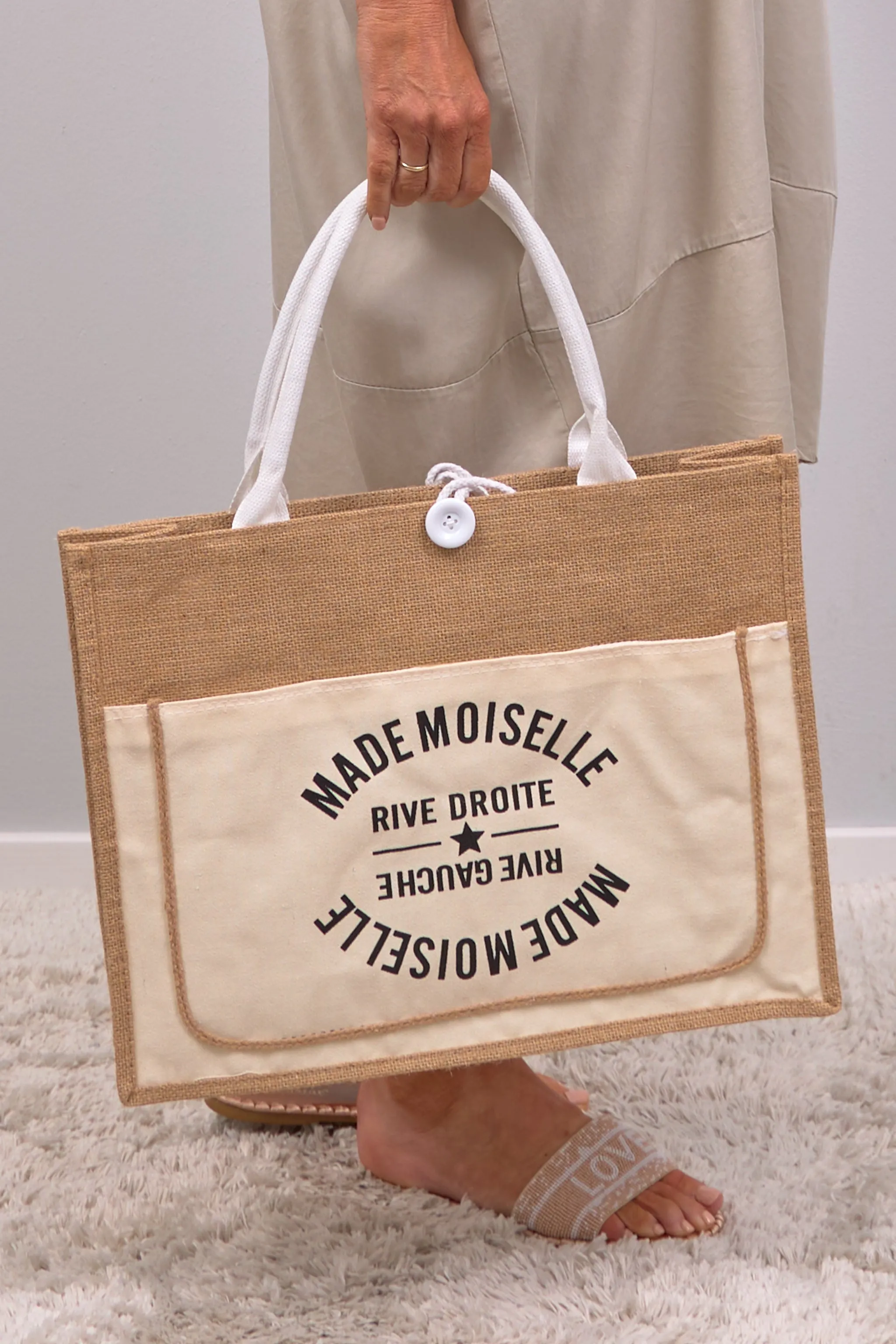 Leinen-Tasche mit Druck, natur-beige