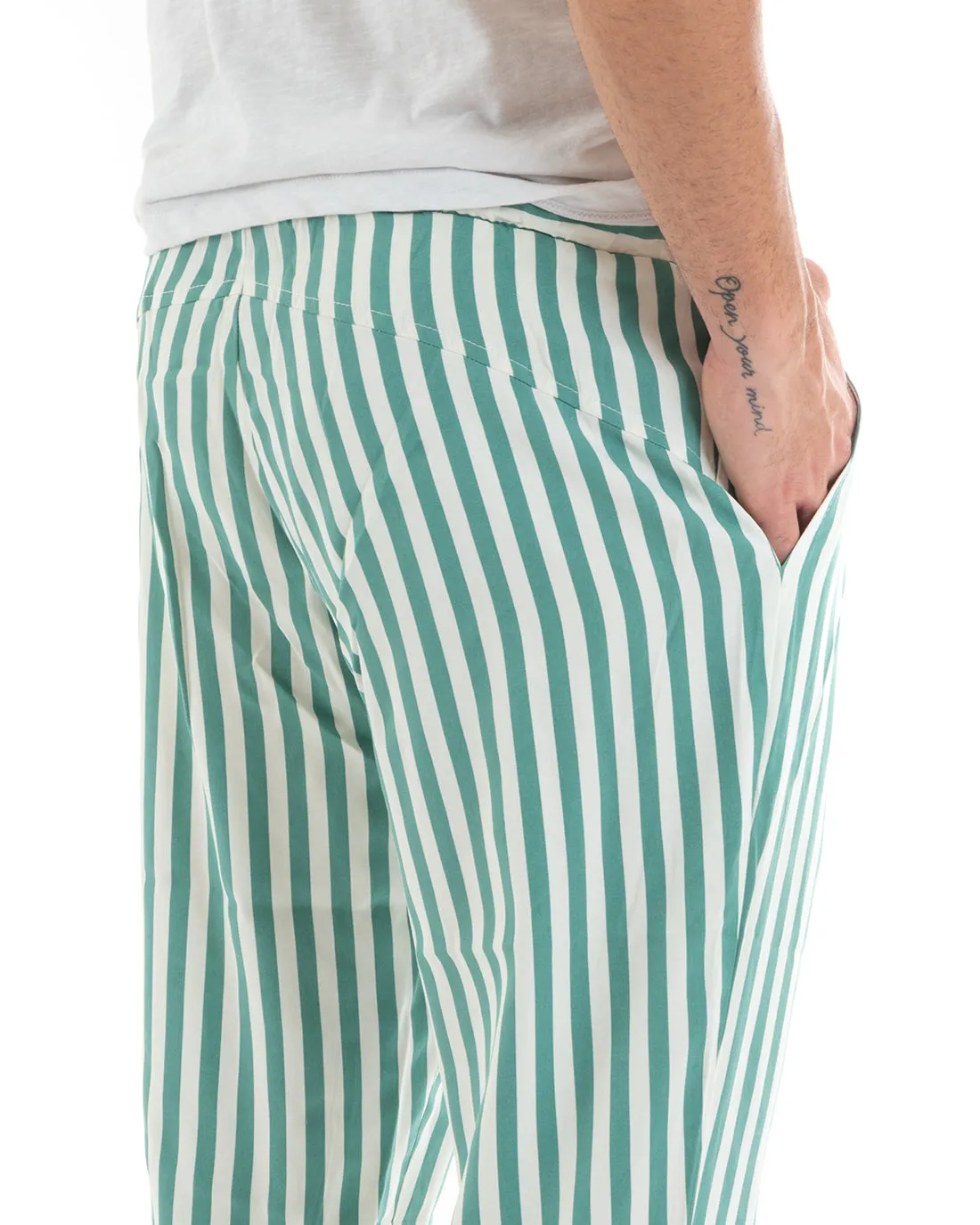 Pantaloni Uomo Pantalaccio Lungo Coulisse Elastico Cotone Viscosa Rigato Verde GIOSAL-P5870A