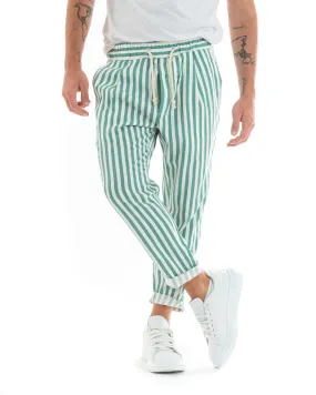 Pantaloni Uomo Pantalaccio Lungo Coulisse Elastico Cotone Viscosa Rigato Verde GIOSAL-P5870A