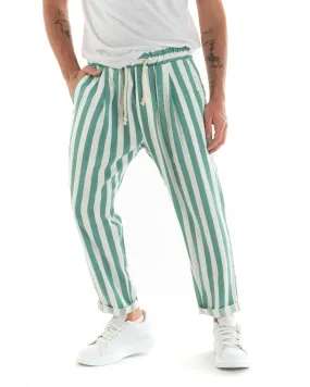 Pantaloni Uomo Pantalaccio Lungo Coulisse Elastico Cotone Viscosa Rigato Verde GIOSAL-P5875A