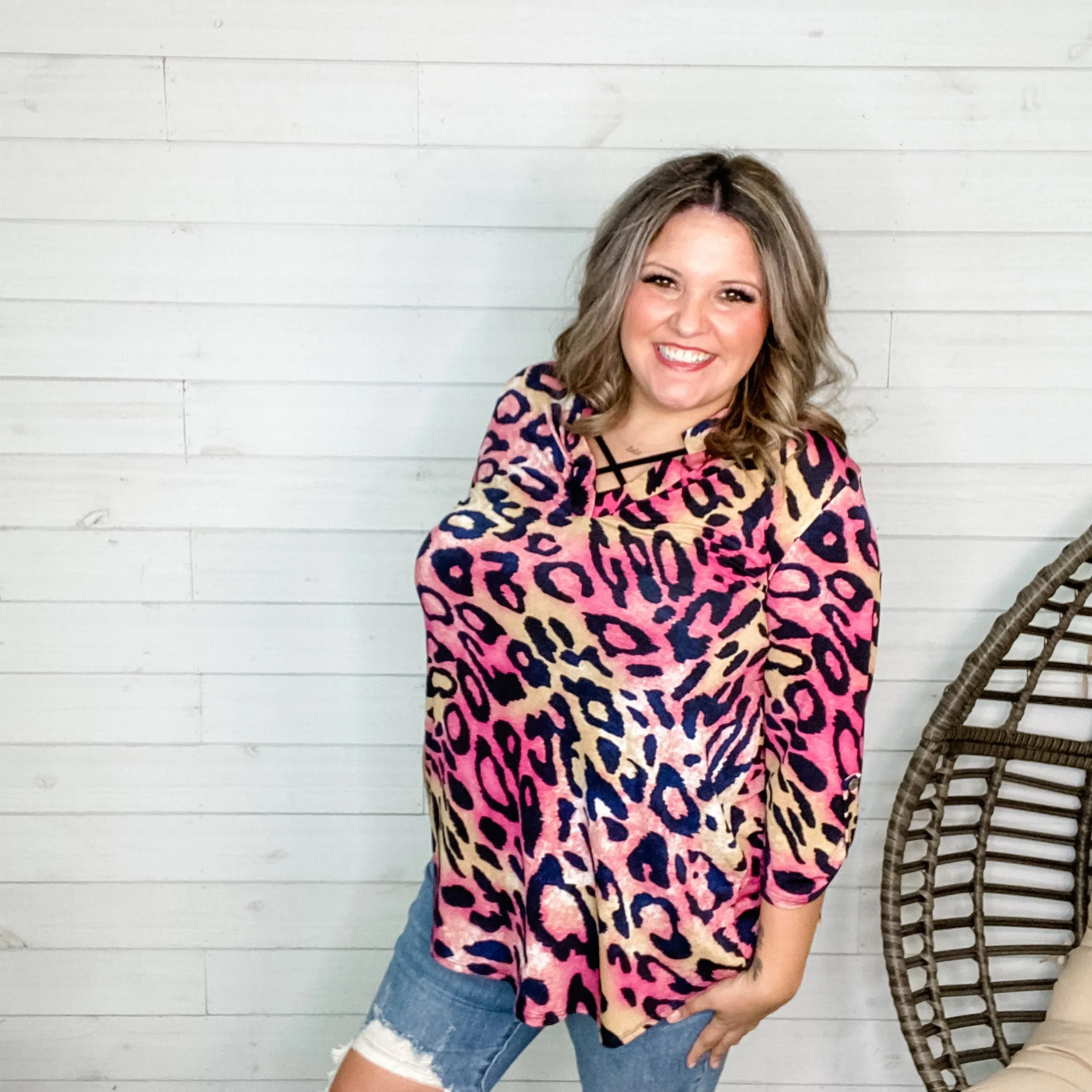 "Emery" Animal Print Lizzy 3/4 Sleeve Split Neck