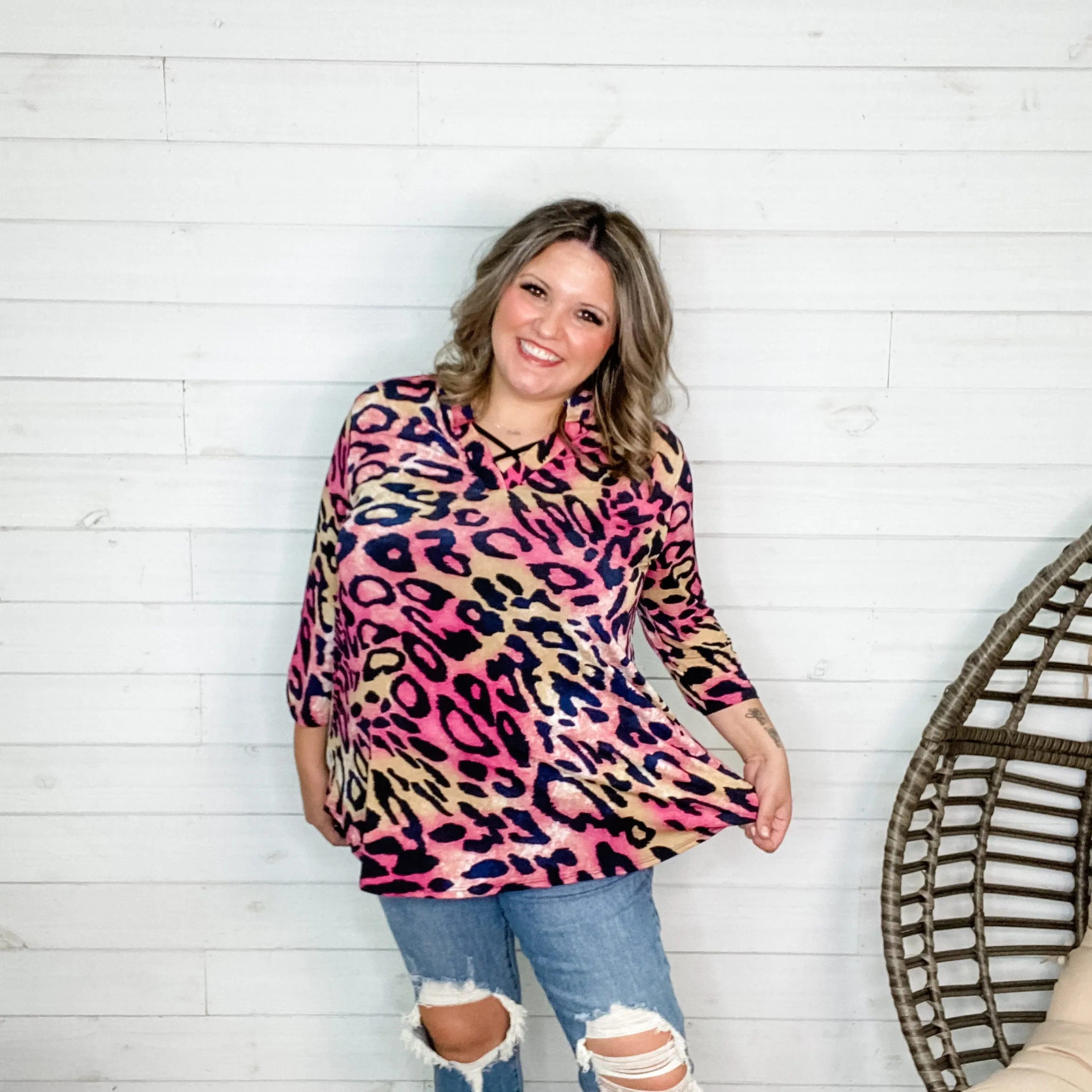 "Emery" Animal Print Lizzy 3/4 Sleeve Split Neck