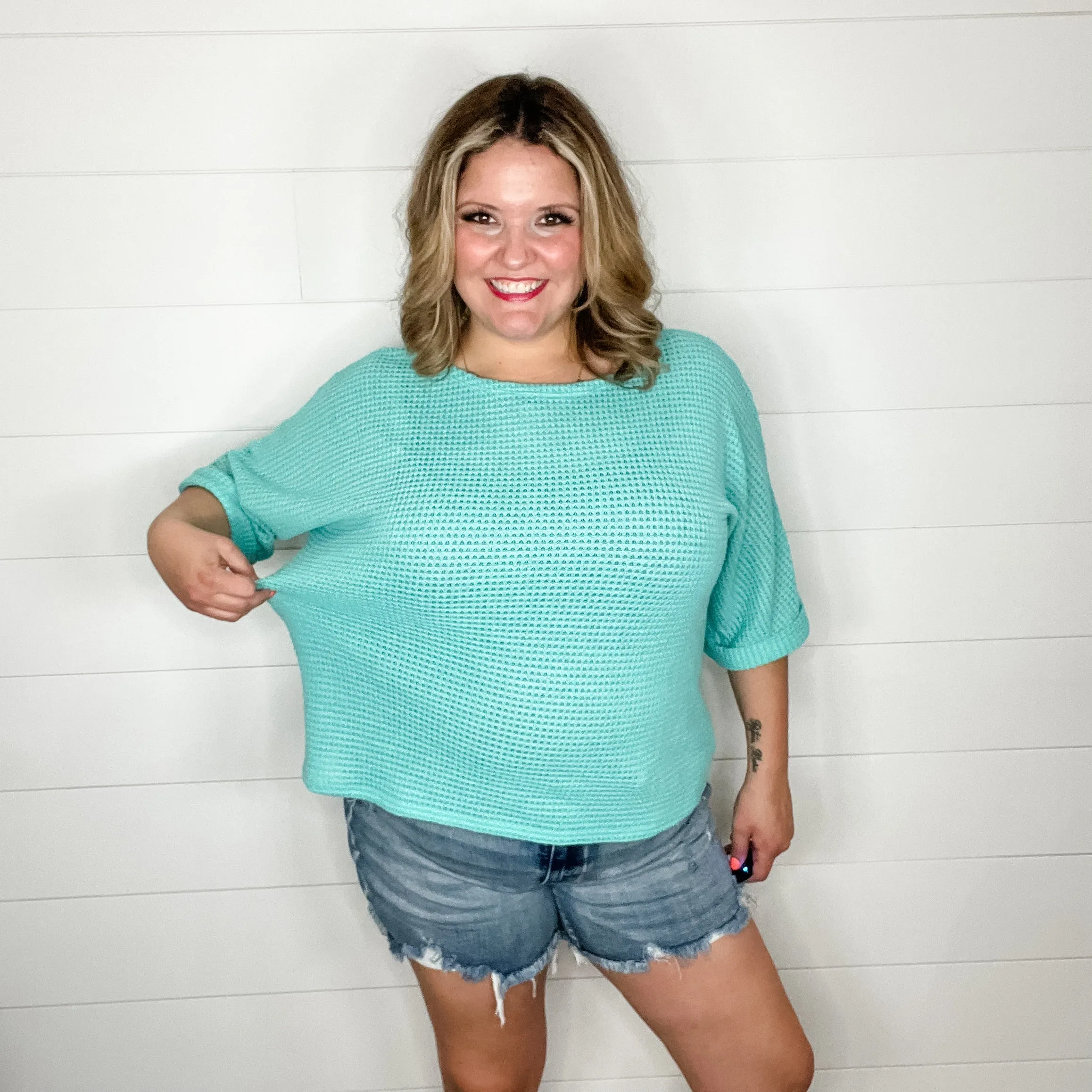 "Honeycutt" Cuffed 3/4 Sleeve Waffle Texture Top (Spearmint)