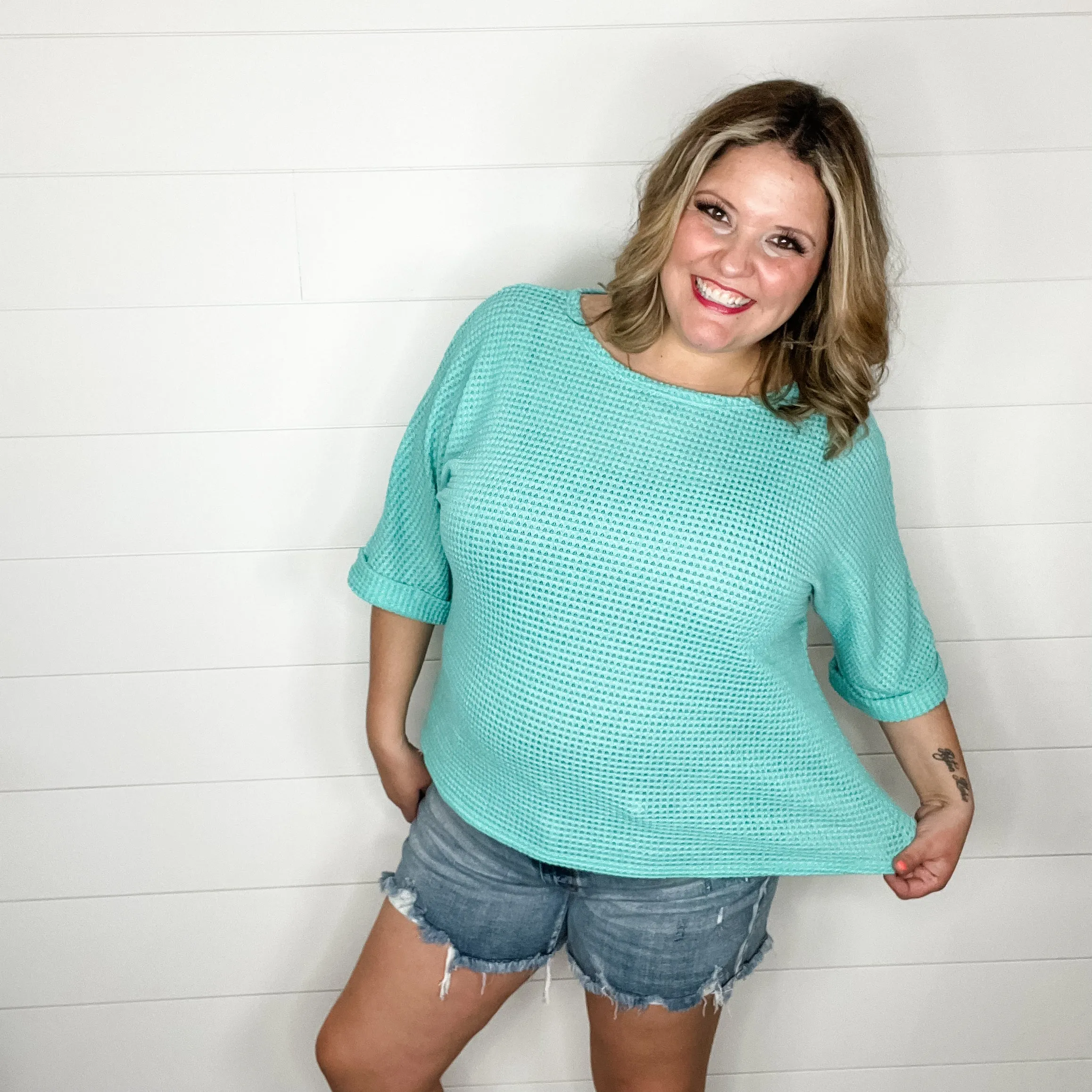 "Honeycutt" Cuffed 3/4 Sleeve Waffle Texture Top (Spearmint)